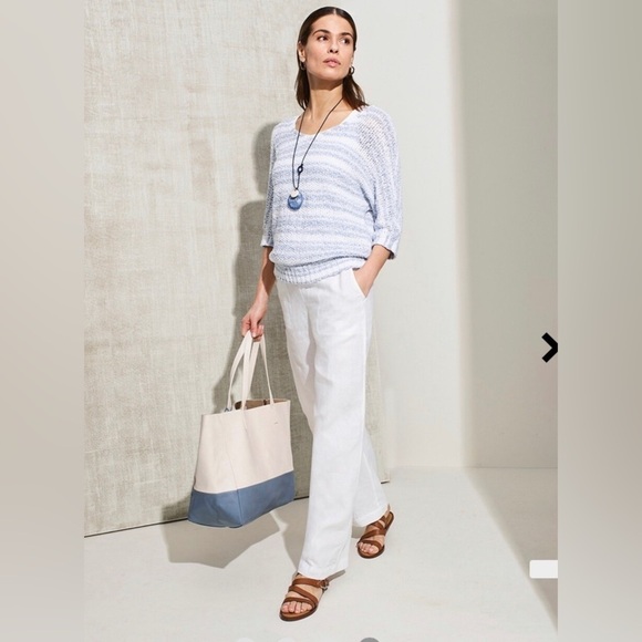 Chico’s Striped Tape Yarn V- neck pullover sweater in blue/white, size 2 cotton - Picture 6 of 8